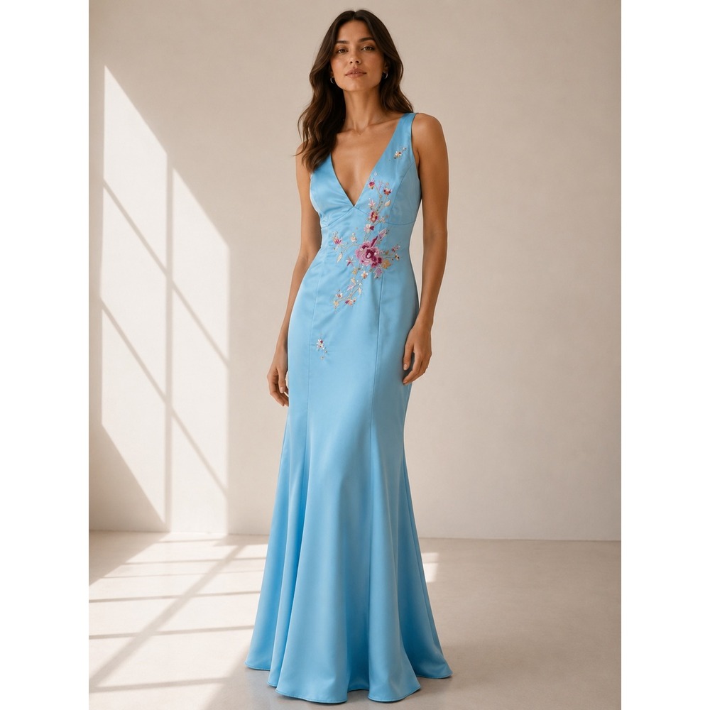 Vintage 90s Y2k Evening Gown 5/6 Blue Embroidered Floral‎ Mermaid Wedding Prom